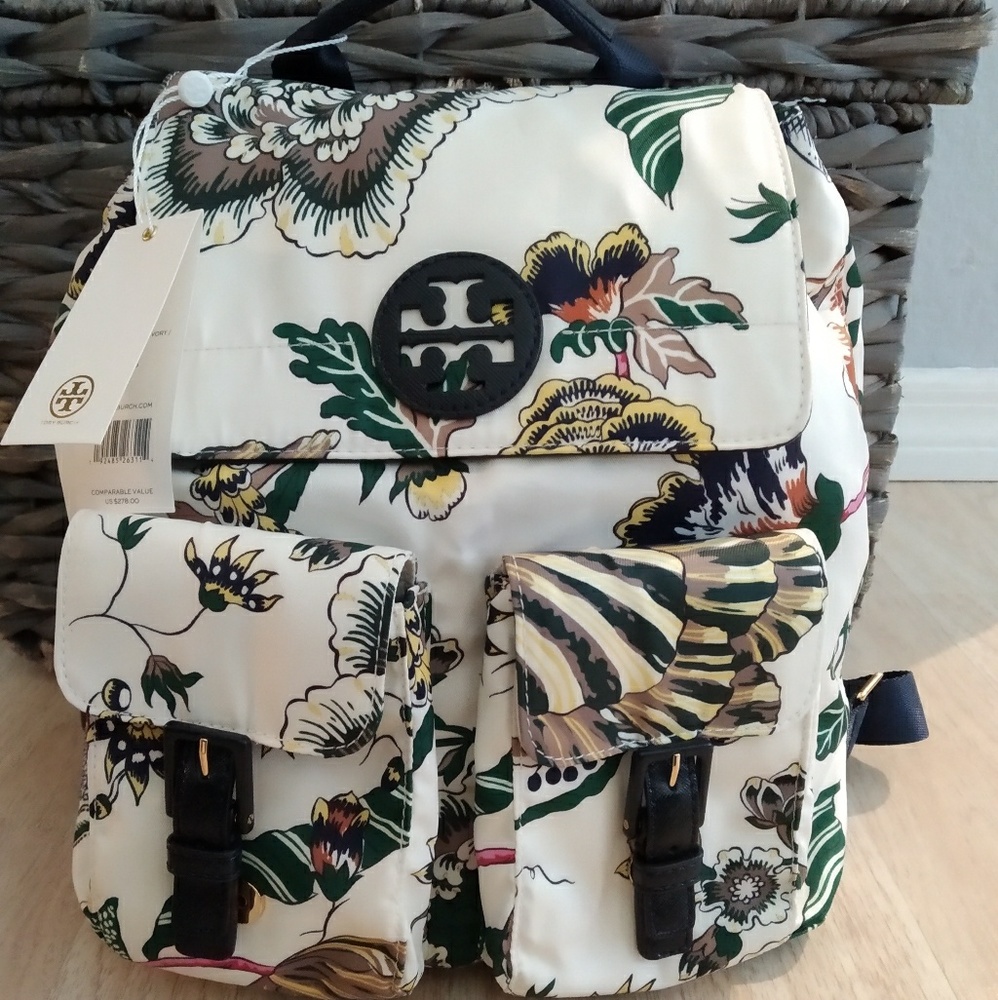 Tory Burch White Floral Print Backpack with Green and Yellow Accents